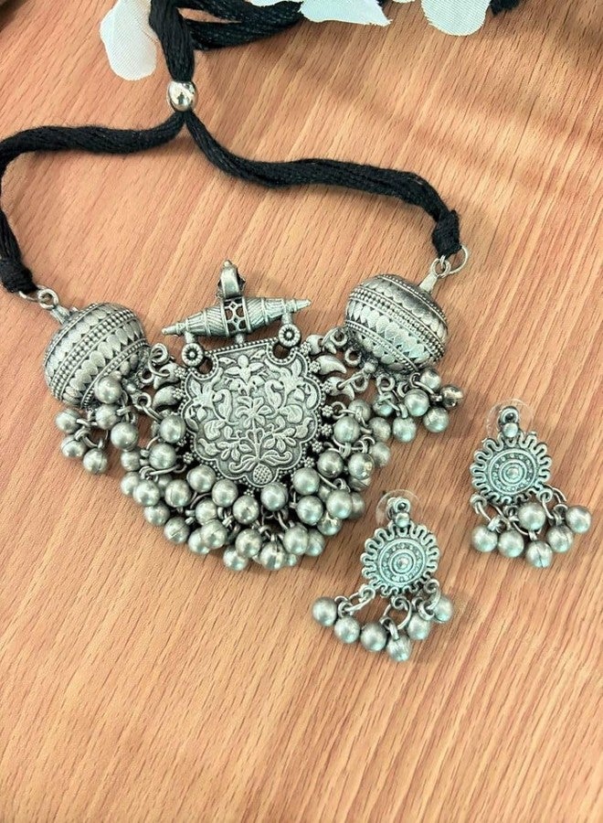Siddhatva Statement Ethnic Afghani Indian Stylish Silver Oxidized Boho Gypsy Choker Necklace Jewelry - Image 3